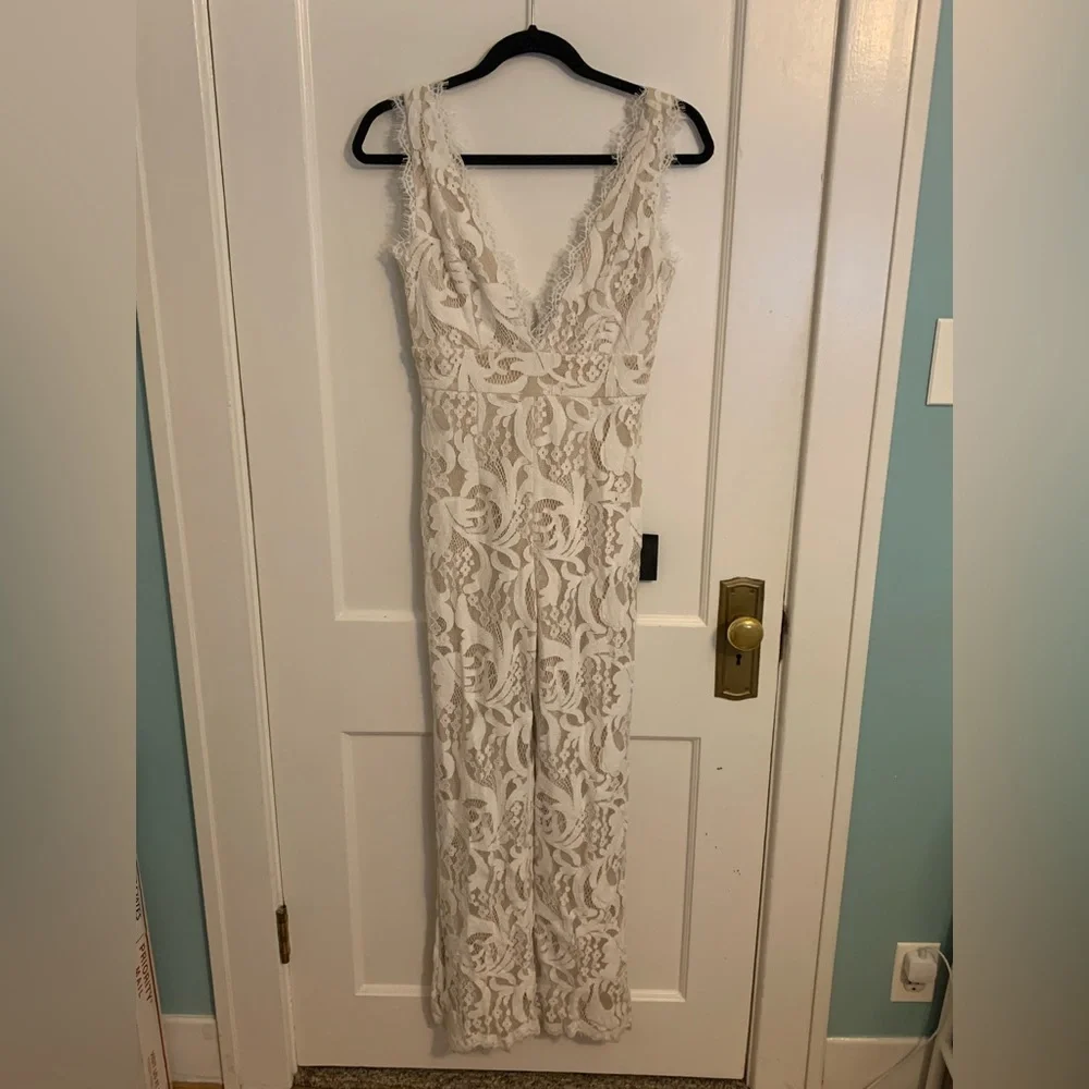 NWT Lulus Enamored With You White Lace Wide-Leg Jumpsuit, Womens Size XS